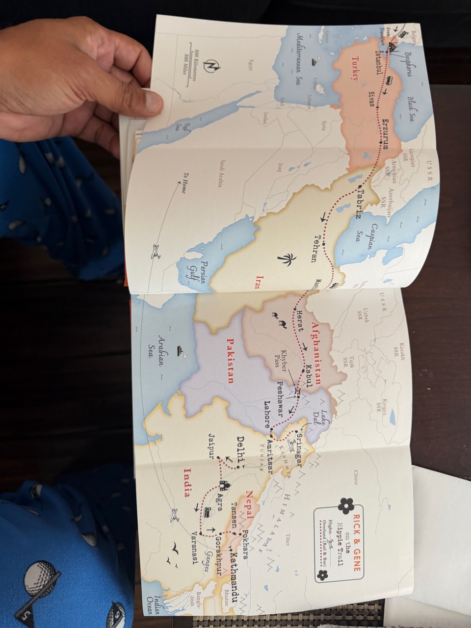 Fold-out map of Rick and Gene's Hippie Trail route from Turkey through Iran, Afghanistan, Pakistan, India and Nepal